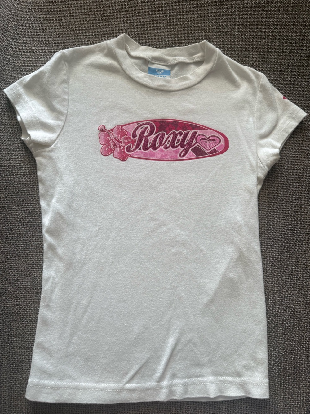 Vintage Y2K Roxy White Pink Glitter McBling Graphic Surf Baby Tee Size S